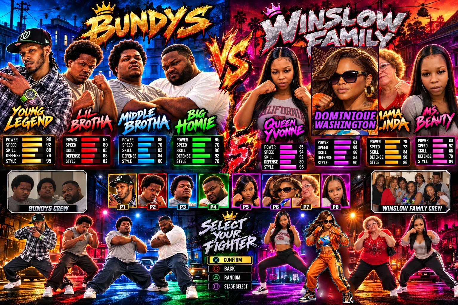 IE Rialto Fighters select-screen poster art — the Bundys vs the Winslow Family